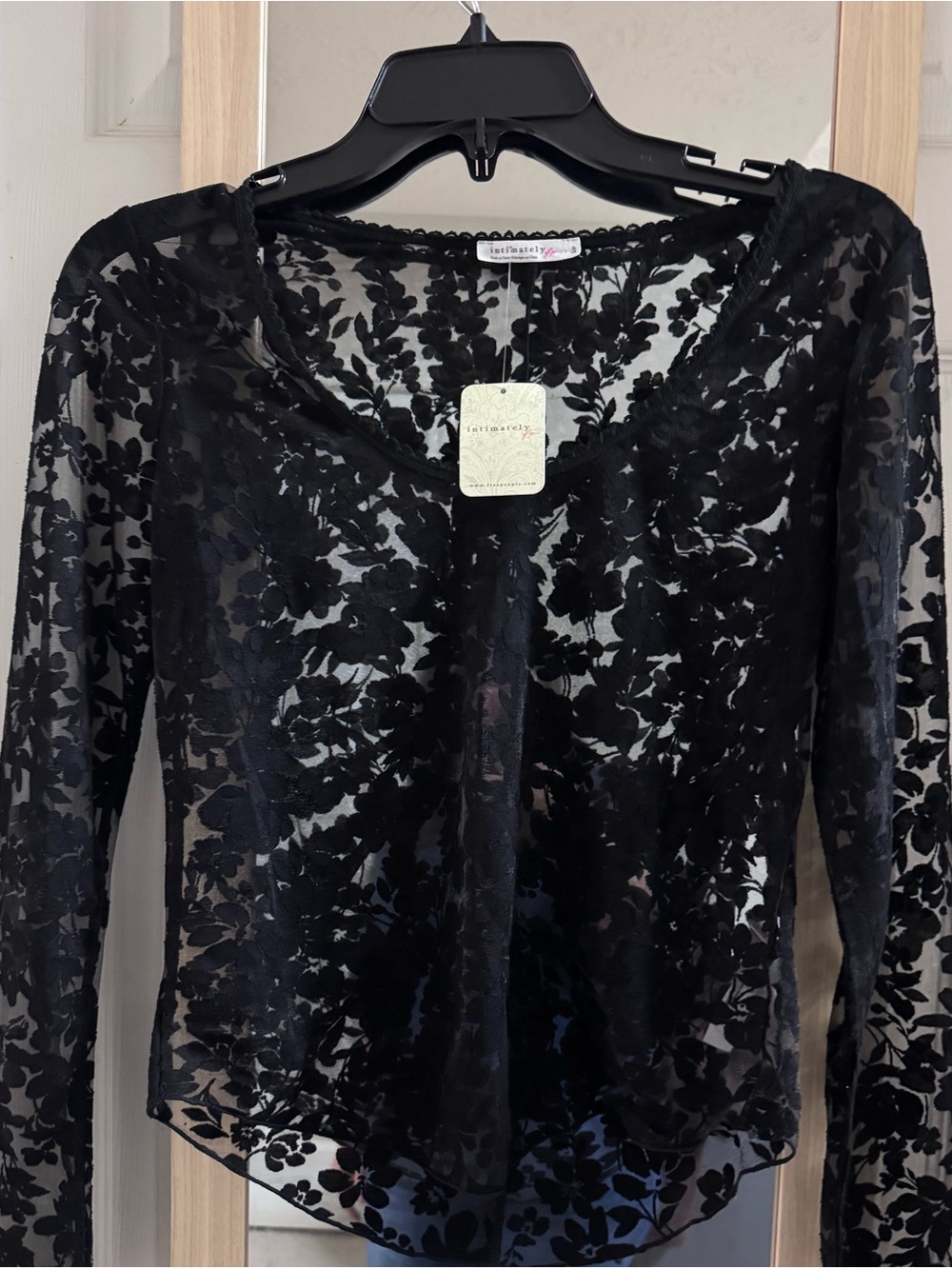 Free people Sheer Black Floral Lace Long-Sleeve Top nwt